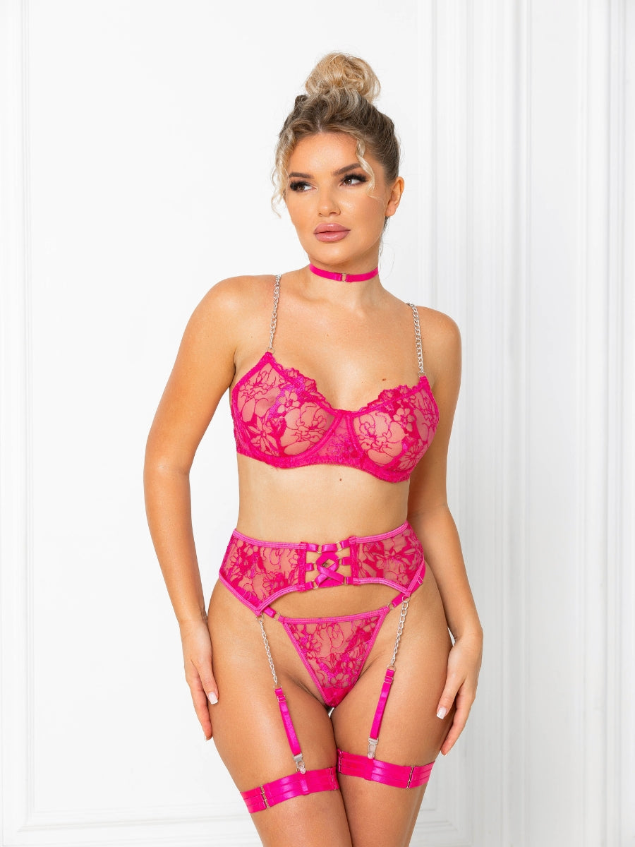 Loïs™ Rosa | Conjunto de lencería con bordado floral y cadenas plateadas