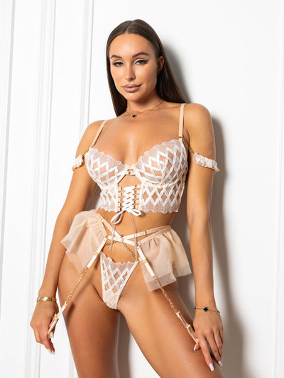 Juliette™ Blanco | Conjunto de lencería tipo corset con encaje y detalles dorados
