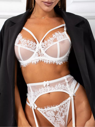 Lara™ Blanco | Conjunto de lencería con encaje Chantilly y malla elástica